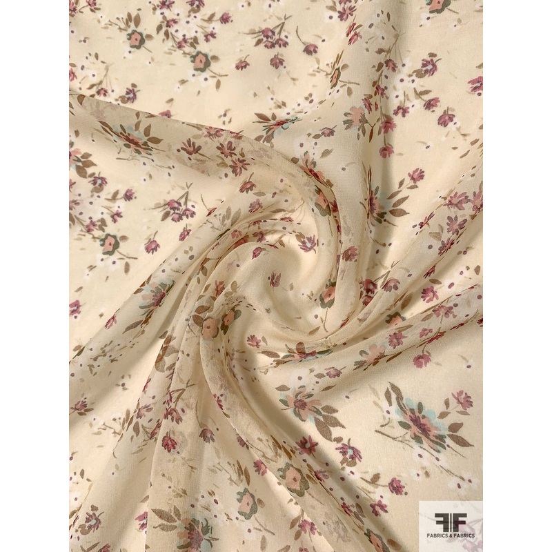 Whimsical Floral Printed Silk Chiffon – Beige / Purples / Brown Fabric by the Yard