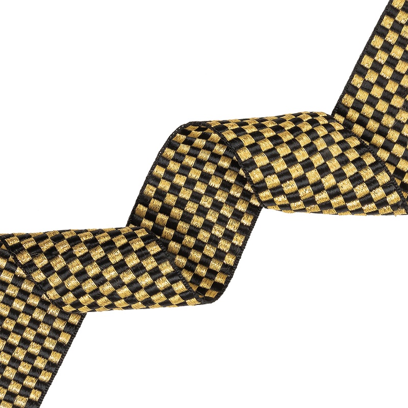 Black and Metallic Gold Checkerboard Satin Faced Woven Trim – 2″