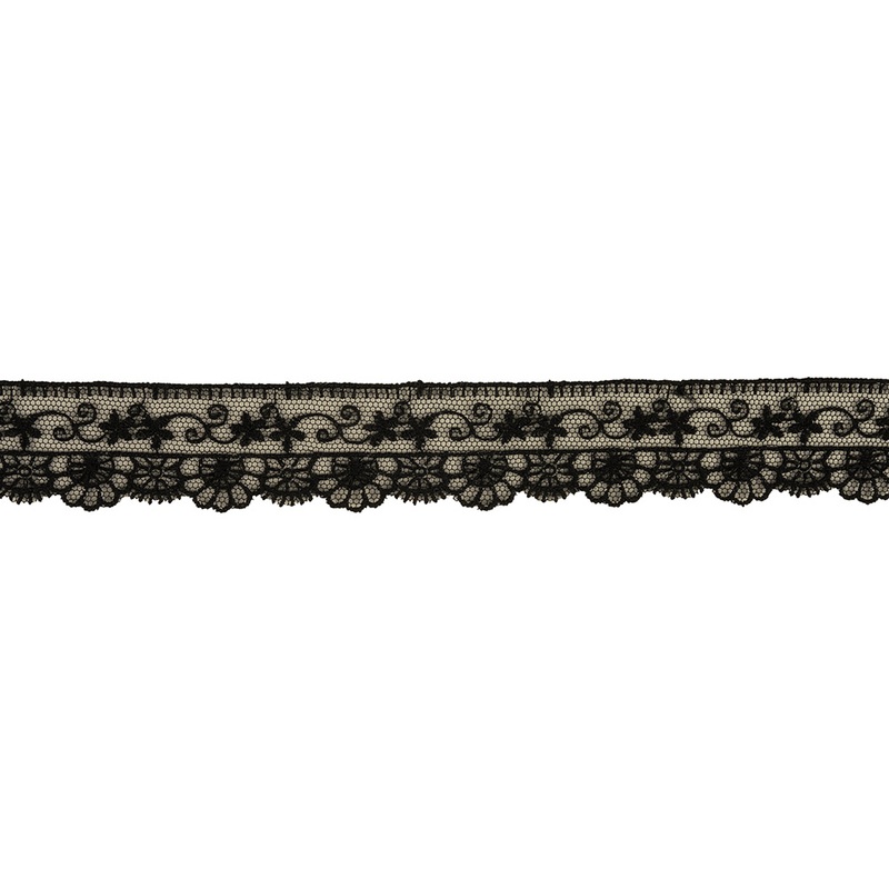 Black Daisy Chains and Floral Scallops Embroidered Lace Trim – 1″