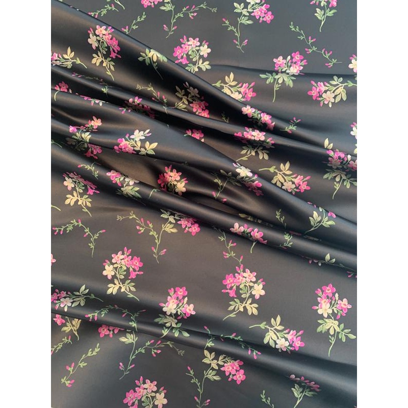 Feminine Floral Printed Silk Satin – Black / Magenta / Green Fabric by the Yard