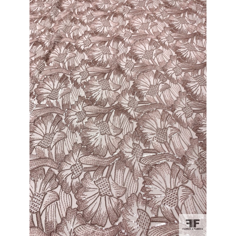 Floral Embroidered Tulle with Sequins – Dusty Nude-Pink Fabric by the Yard