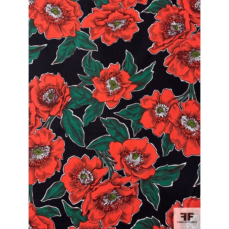 Floral Printed Cotton Lawn – Orange / Dartmouth Green / Black / White Fabric by the Yard