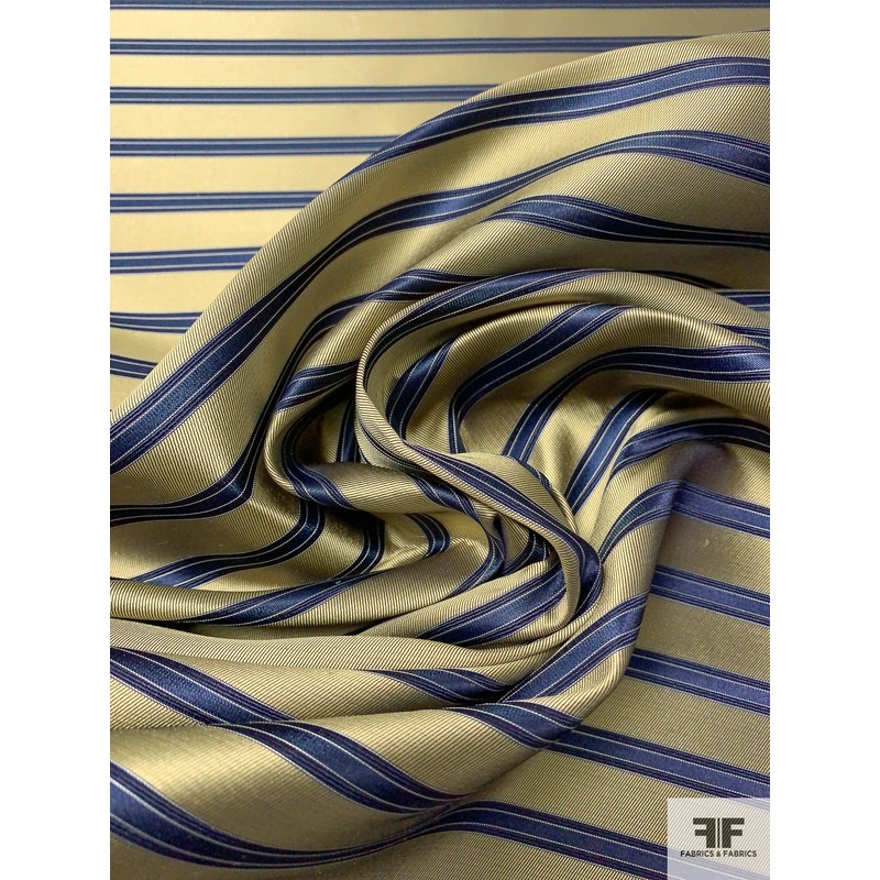Horizontal Striped Silk Necktie Jacquard Brocade – Gold / Navy / Blue Fabric by the Yard