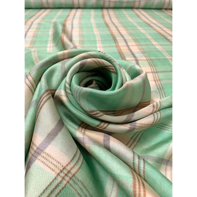 Italian Plaid Printed Fine Silk Twill – Seafoam Green / Grey / Beige Fabric by the Yard