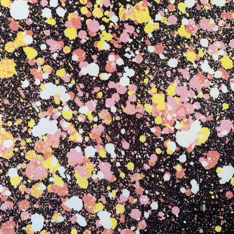 Italian Splatter Paint Printed Poly Satin – Pink/Yellow/Black Fabric by the Yard