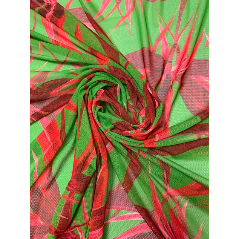 Italian Tropical Floral Printed Stretch Mesh – Green / Raspberry Fabric by the Yard