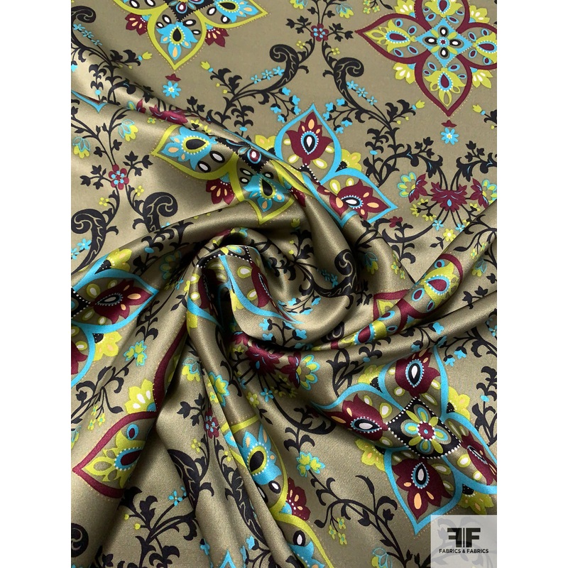 Ornate Vines and Clovers Silk Charmeuse – Olive Green / Maroon / Black / Aqua Fabric by the Yard