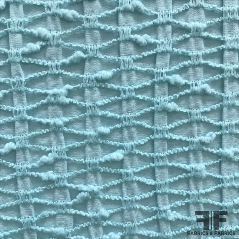 Textured Geometric Embroidered Cotton – Aqua Fabric by the Yard