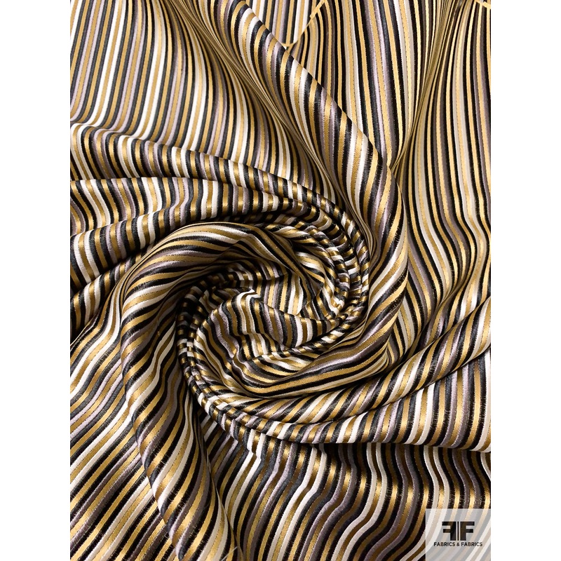 Vertical Striped Silk Necktie Jacquard Brocade – Gold / Black / Grey / White Fabric by the Yard