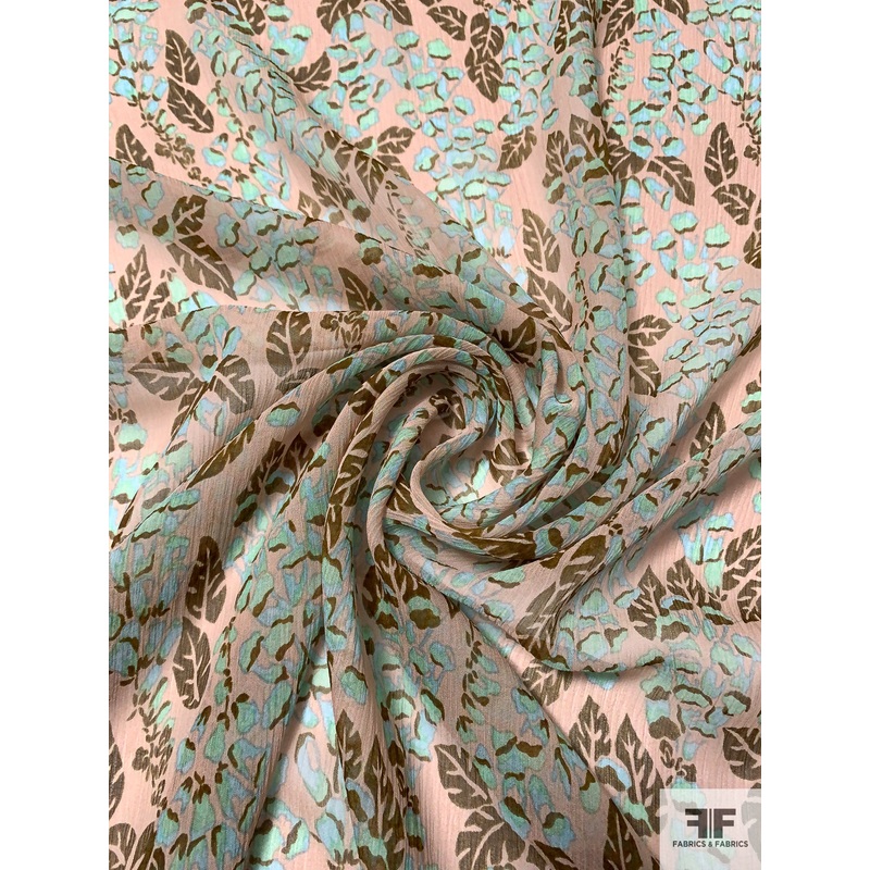 Anna Sui Leaf Inspired Printed Crinkled Silk Chiffon – Seafoam / Dirty Olive / Pale Mauve Fabric by the Yard