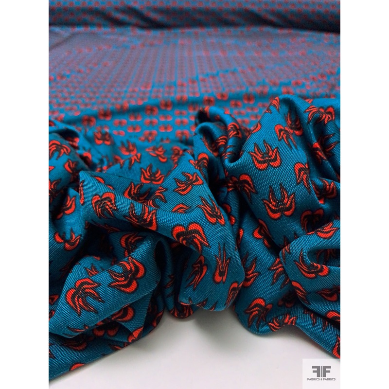 Ditsy Leaf Motif Printed Silk Jersey Knit – Dark Teal / Hot Red / Black Fabric by the Yard