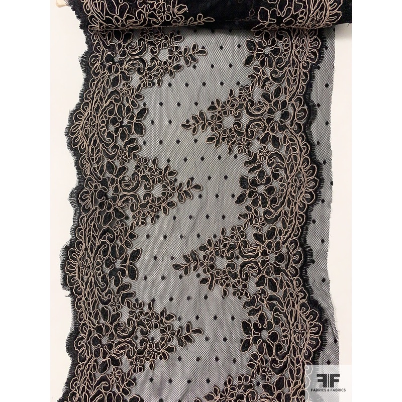 Double-Scalloped Floral Corded Lace Trim with Mechanical Stretch – Black / Tan Fabric by the Yard