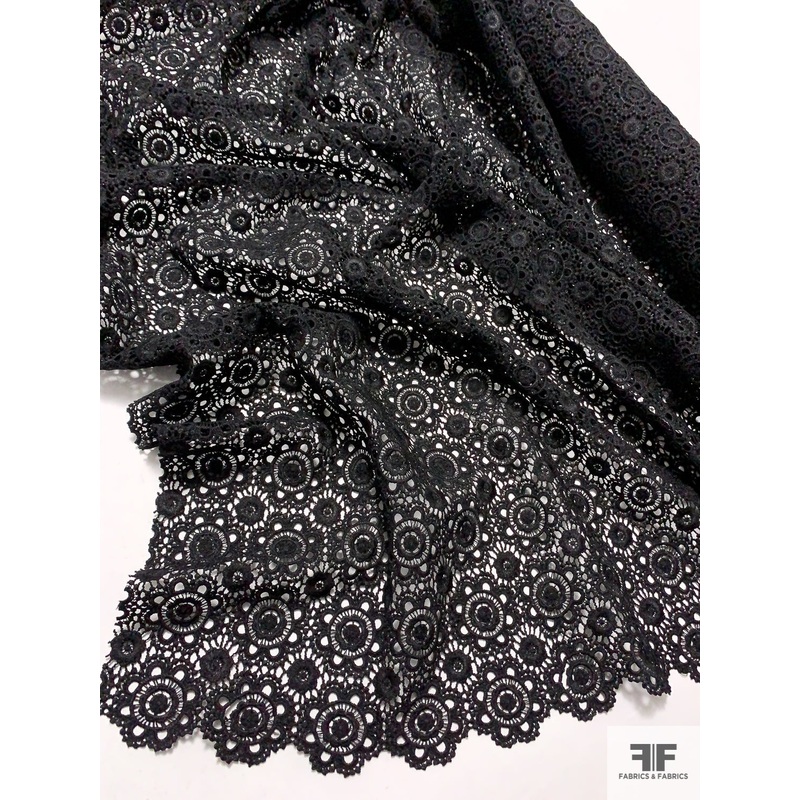 Double-Scalloped Floral Medallion Guipure Lace – Black Fabric by the Yard
