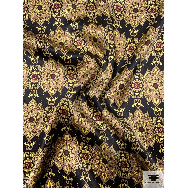 Ethnic Ornate Medallion Printed Silk Charmeuse – Cafe Brown / Yellow / Black / Burgundy Fabric by the Yard