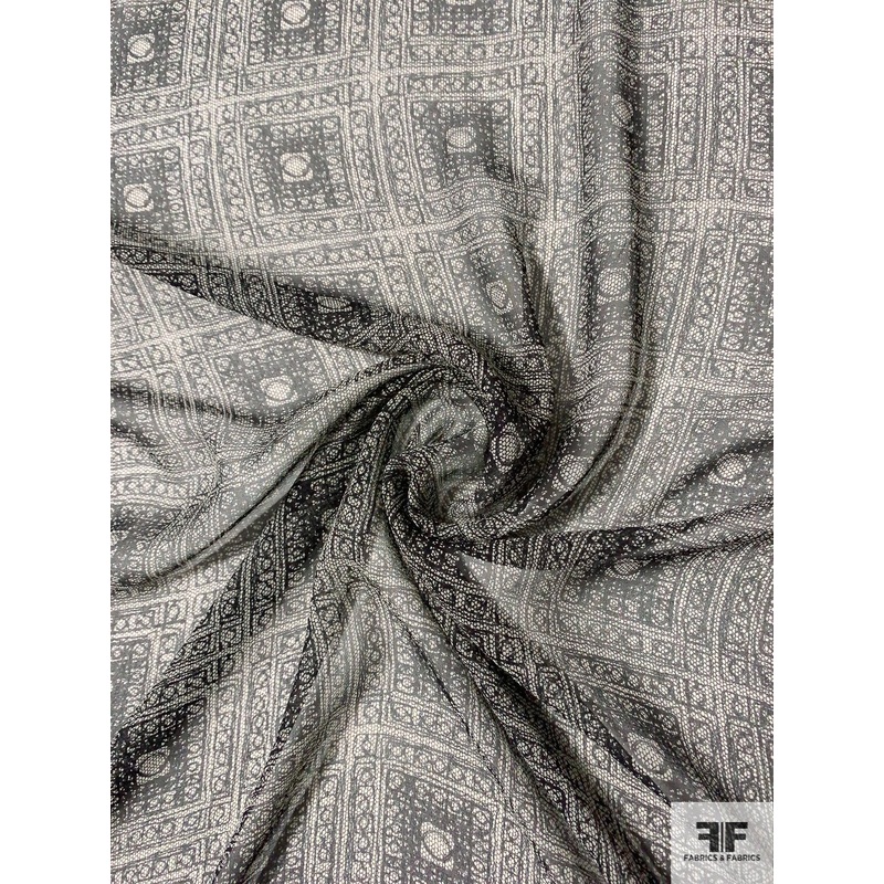 Ethno-Geometric Printed Silk Chiffon – Black / Off-White Fabric by the Yard