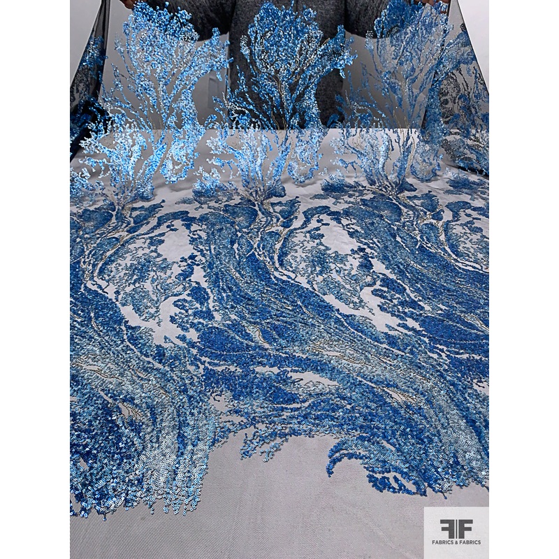 Exquisite Fine Sequins on Tulle – Blues / Black / Gold Fabric by the Yard