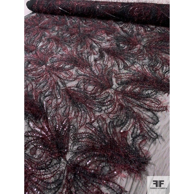 Glam Fringe and Sequins on Tulle – Wine / Black Fabric by the Yard