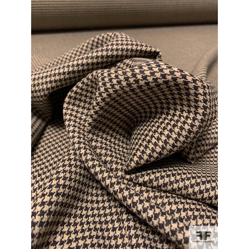 Italian Mini Houndstooth Wool Blend Suiting with Stretch – Midnight Brown / Tan Fabric by the Yard