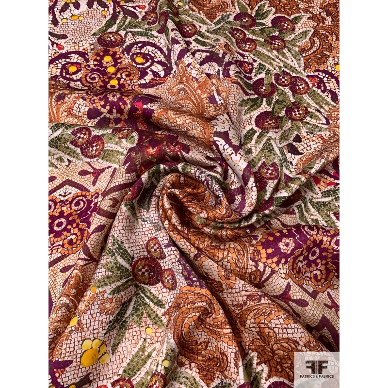 Italian Mosaic Paisley Inspired Printed Soft Viscose Satin – Dirty Orange / White Red / Forest Green Fabric by the Yard