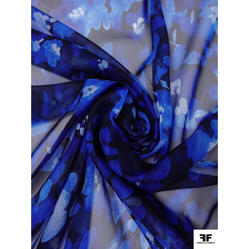 Italian Watercolor Floral Printed Fine Polyester Chiffon – Blue / Navy / White Fabric by the Yard