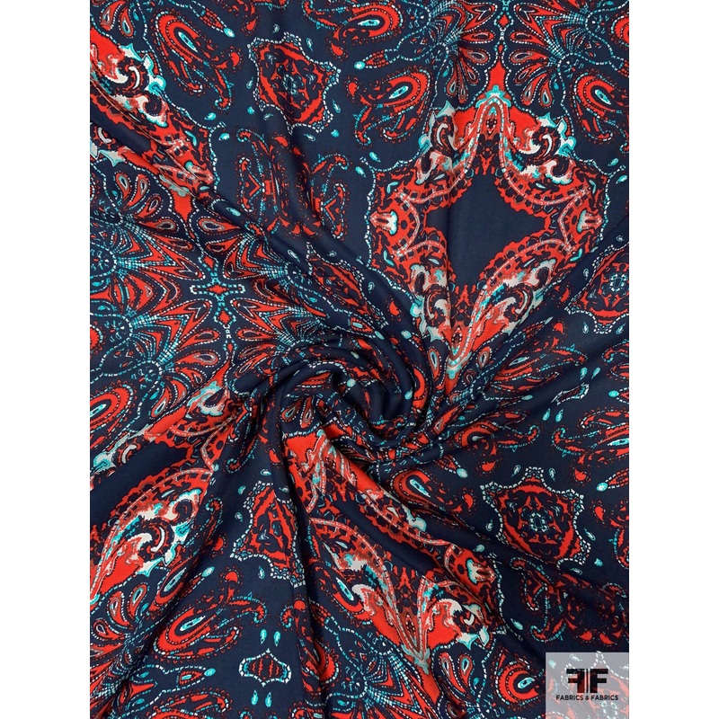 Ornate Paisley-Like Printed Silk Georgette – Navy / Red / Sky Blue / White Fabric by the Yard
