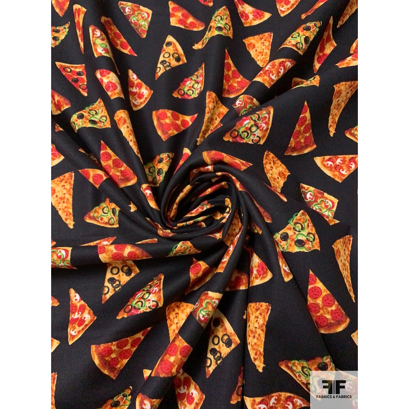 Pizza Slices Printed Cotton Lawn – Black / Orange / Red Fabric by the Yard