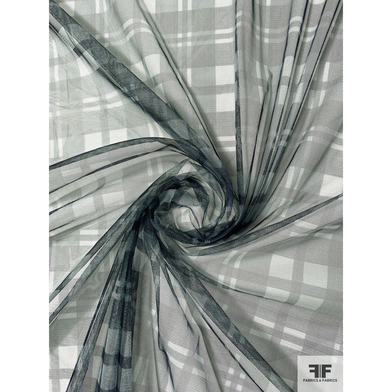 Plaid Printed Nylon Tulle – Dark Grey / Light Grey Fabric by the Yard