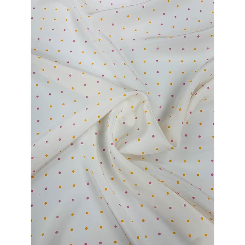Polka Dot Grid Printed Silk Crepe de Chine – Off-White / Tangerine / Light Magenta Fabric by the Yard