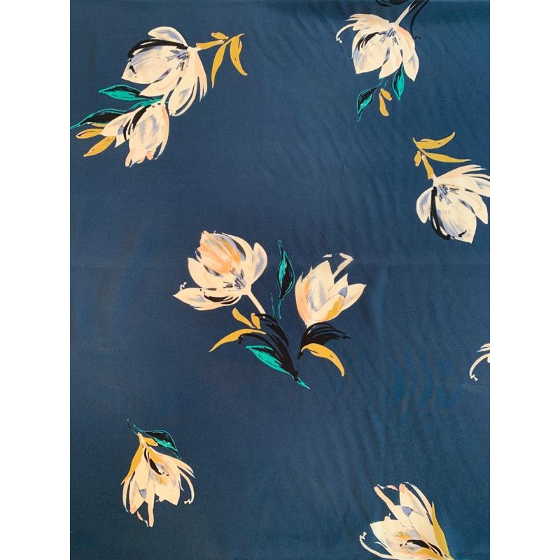 Soothing Floral Printed Silk Crepe de Chine – Navy / White / Mustard Yellow / Teal Fabric by the Yard