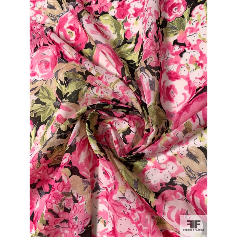 Spring Floral Printed Cotton Voile – Hot Pink / Green / Black Fabric by the Yard