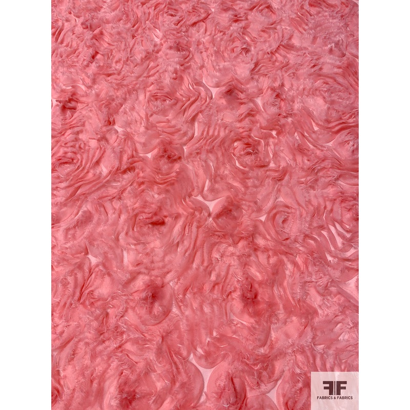 3D Ruffle Work Peonies on Tulle – Pink Salmon Fabric by the Yard