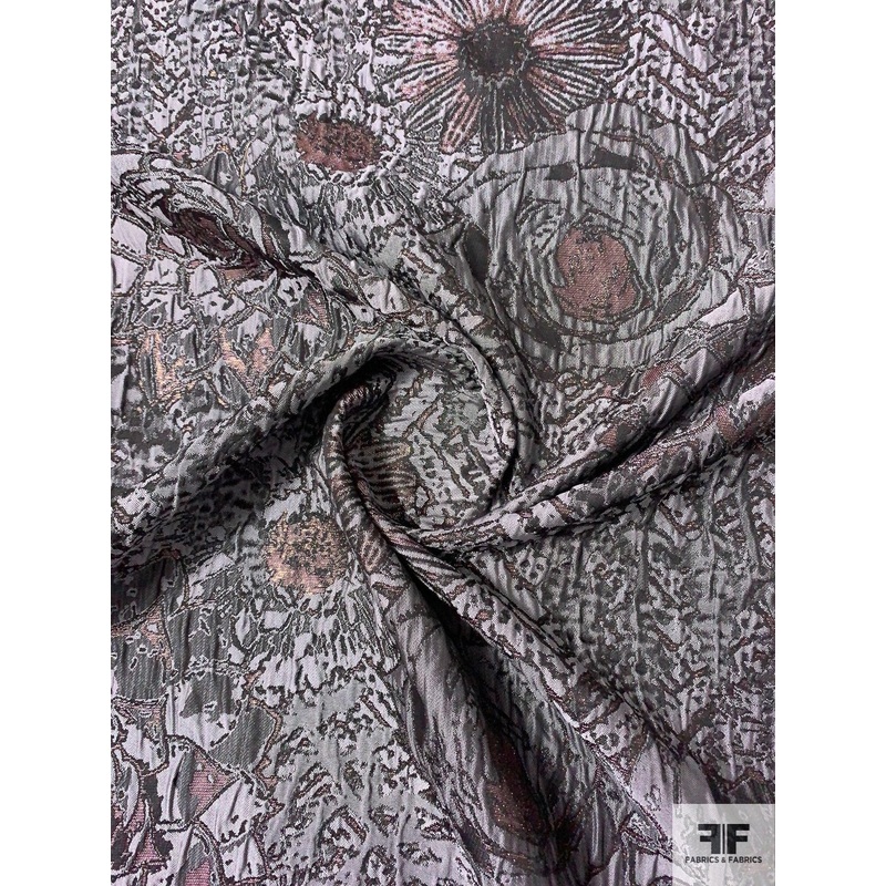 Abstract Floral Chevron Textured Metallic Brocade – Grey / Black / Metallic Orchid Fabric by the Yard