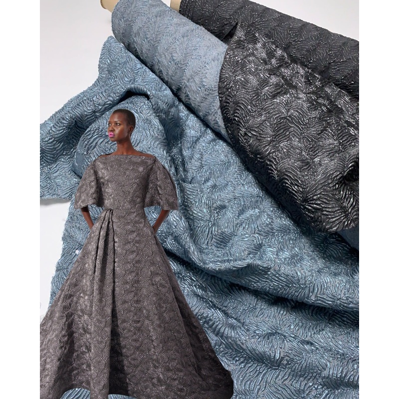 Christian Siriano Italian Metallic Leaf Cloqu – Icy Dusty Blue Fabric by the Yard