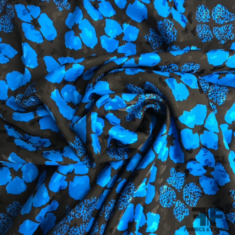 Floral Printed Silk Jacquard – Black/Blue Fabric by the Yard