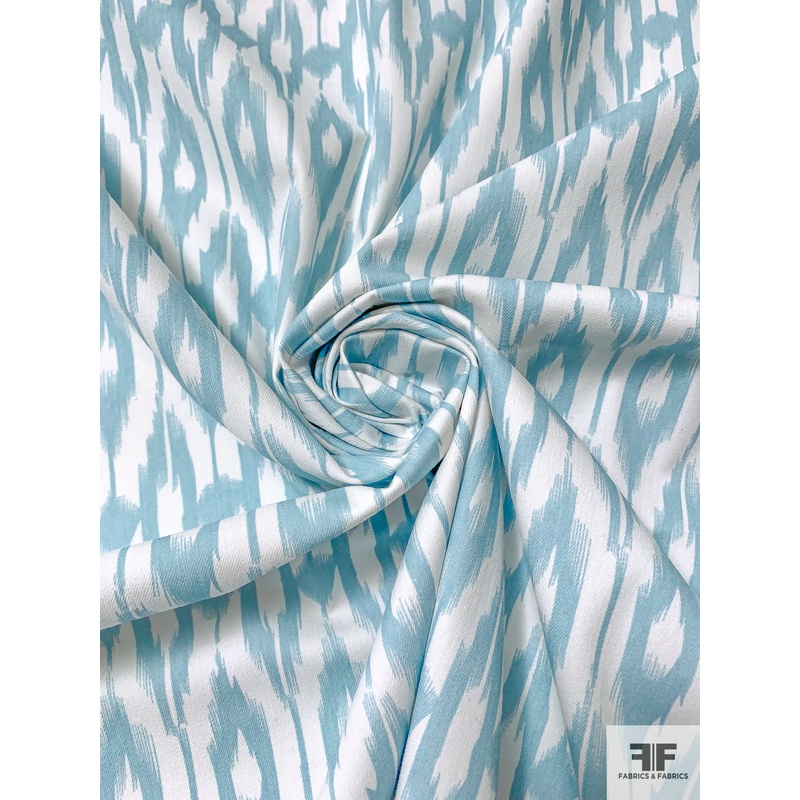 Ikat Graphic Printed Cotton Twill – Dusty Turquoise / White Fabric by the Yard