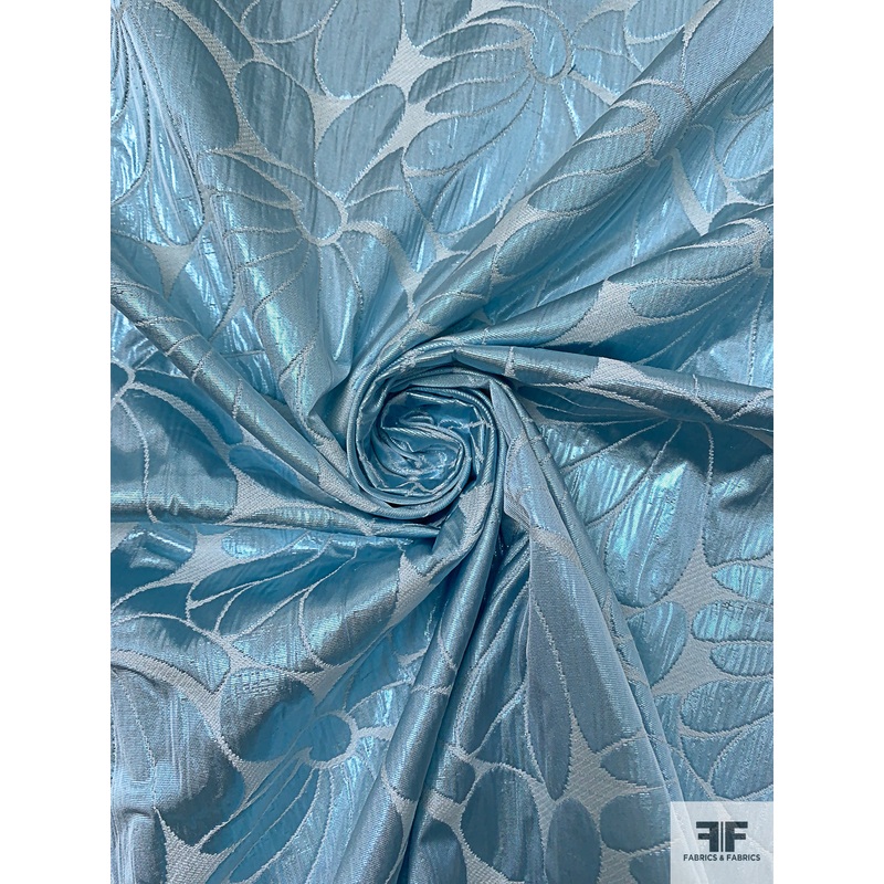 Italian Blooming Floral Metallic Brocade – Metallic Sky Blue / White Fabric by the Yard