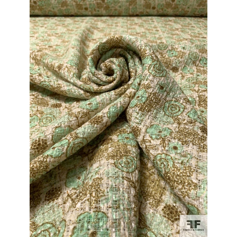 Italian Floral Printed Tweed with Lurex Fibers – Seafoam / Cream / Olive / Gold Fabric by the Yard