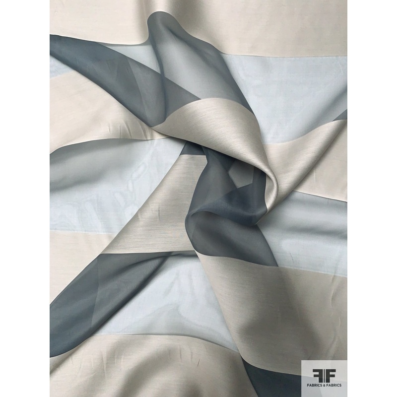 Italian Large Horizontal Striped Silk Organza – Dark Grey / Ivory-White Fabric by the Yard
