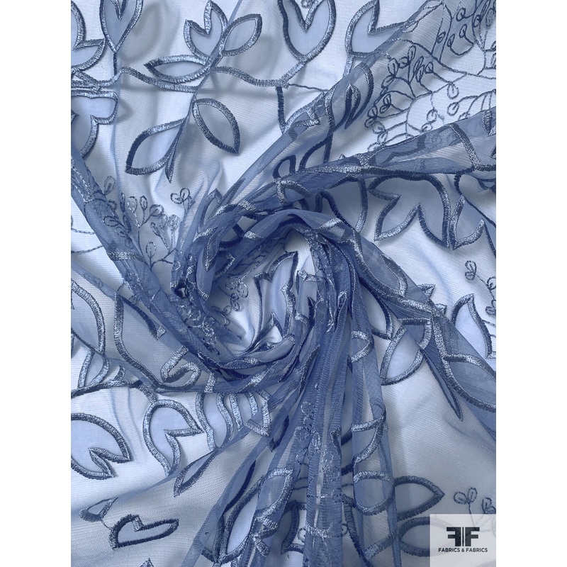 J Mendel Leaf Stem Embroidered Tulle – Steel Blue Fabric by the Yard
