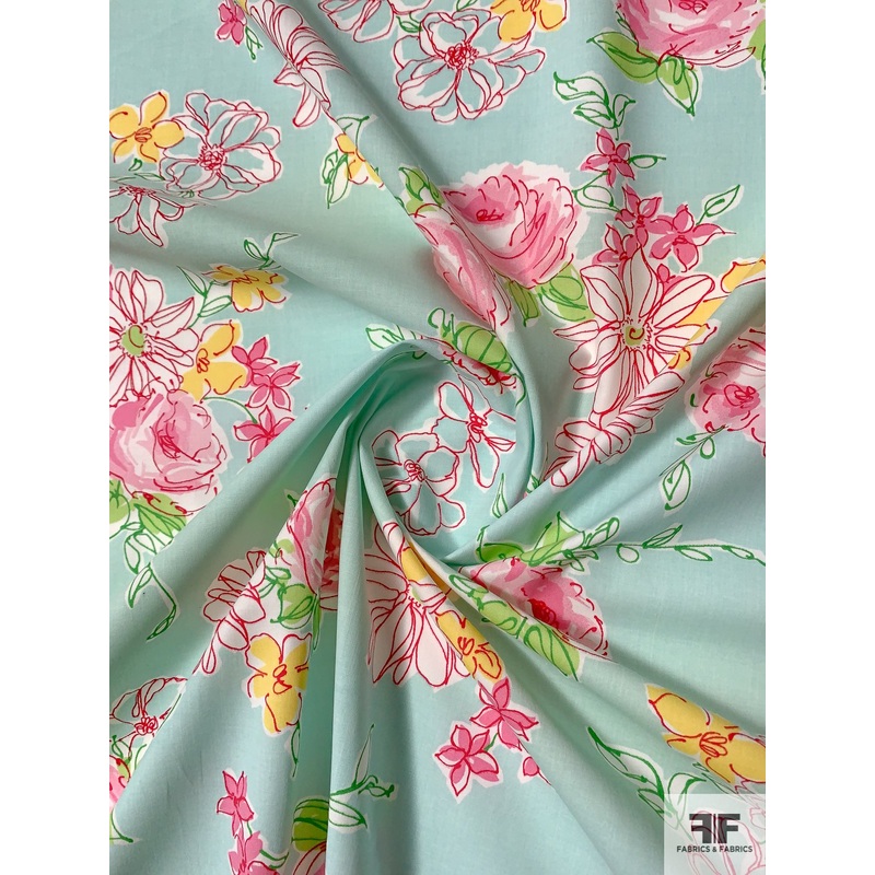 Joyful Floral Printed Cotton Poplin – Seafoam / Pinks / Green / Yellow Fabric by the Yard