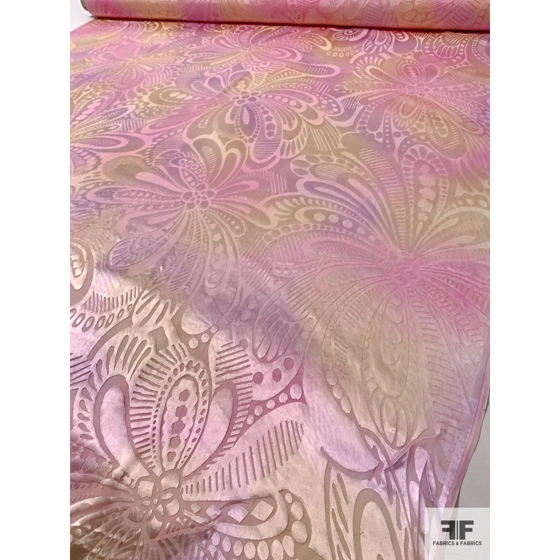 Large-Scale Floral Printed Satin Burnout Silk Chiffon – Pink / Champagne Fabric by the Yard