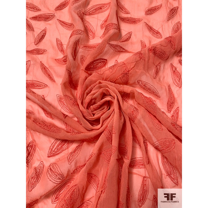 Oval Leaf Embroidered Crinkled Silk Chiffon – Chinese Orange / Vermilion Fabric by the Yard