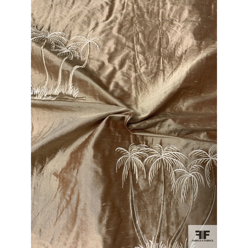 Palm Tree Embroidered Silk Shantung Taffeta – Shiny Tan / Earth Fabric by the Yard
