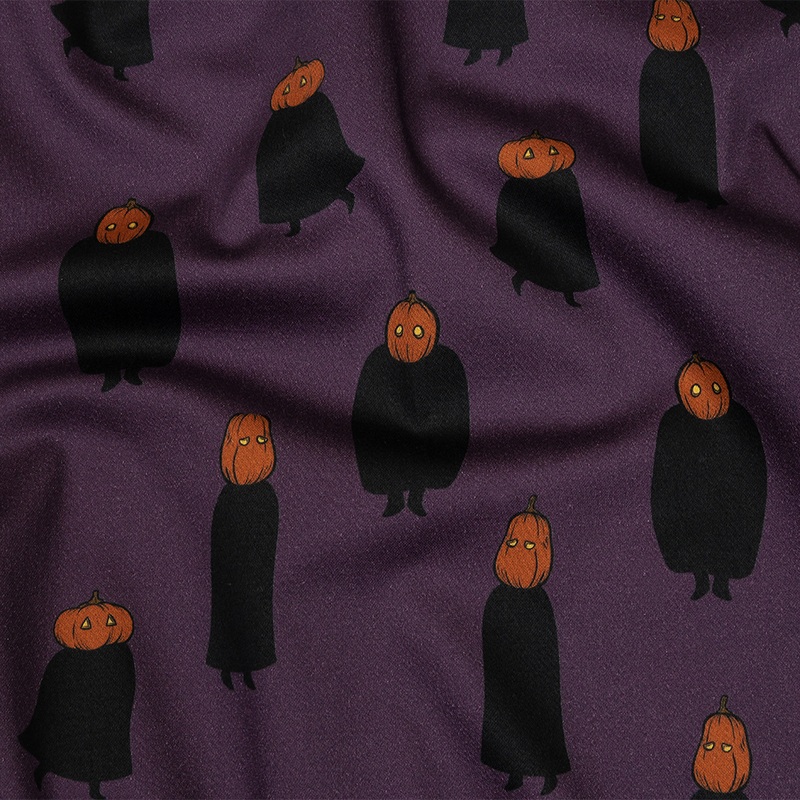 Stretch Cotton Sateen – Purple Pumpkin People – Pumpkin Patch Print – Mood Exclusive Jack-O-Lantern Collection