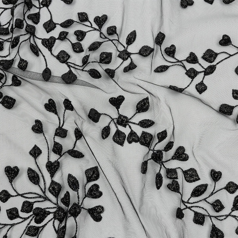 3D Puffy Glitter Tulle – Black Leafy Vines and Scalloped Borders