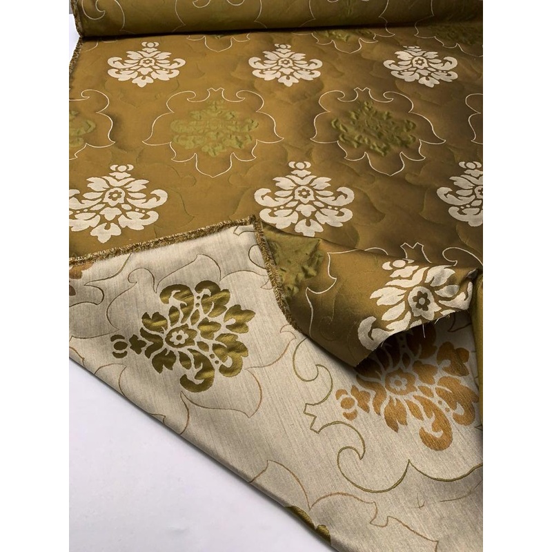 Double-Sided Large Scale Regal Damask-Like Silk Brocade – Olive Green / Sand Fabric by the Yard