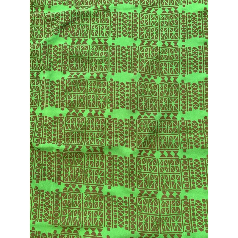 Ethnic Art Deco Printed Stretch Silk Crepe de Chine – Green / Brown Fabric by the Yard