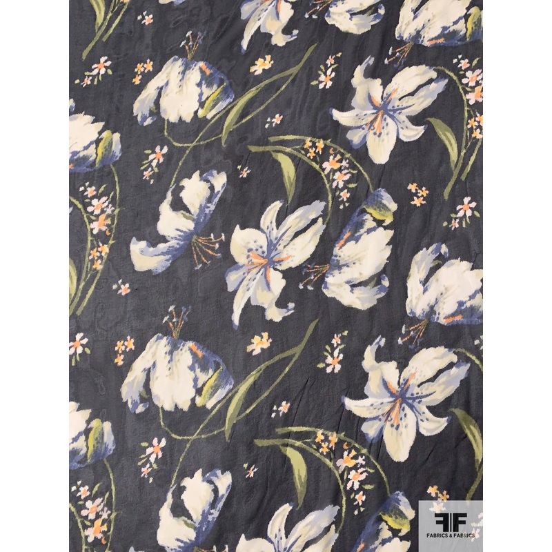 Floral Printed Silk Chiffon – Darkest Grey / Off-White / Peach / Green Fabric by the Yard