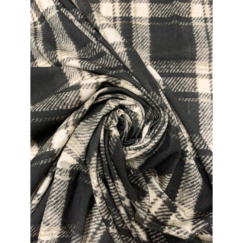 Italian Plaid Printed Jersey Knit – Black / Ivory / Taupe Fabric by the Yard