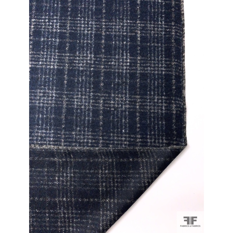 Italian Plaid Wool-Like Brushed Soft Knit – Navy / Grey Fabric by the Yard